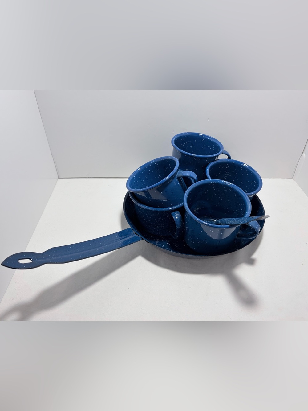 Vintage Blue Speckled Enamelware Camping Pan and Mugs Set